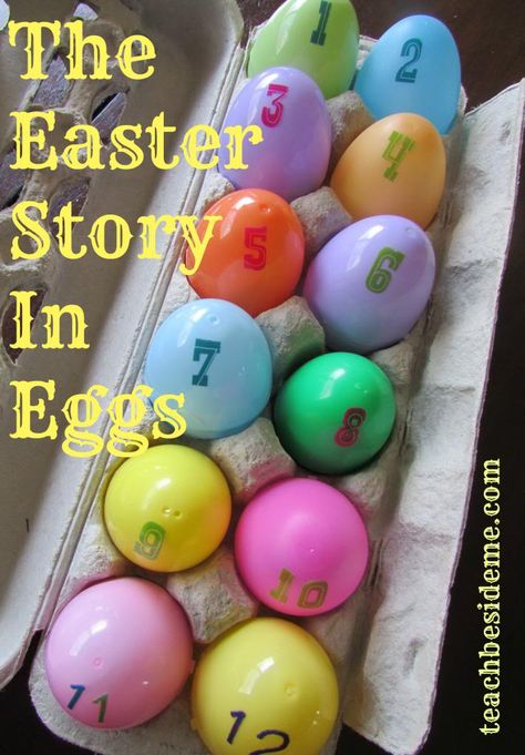 Resurrection eggs- Easter story in eggs Easter Resurrection Eggs, Easter Story Eggs, Lds Easter, Resurrection Eggs, Easter Resurrection, Christ Centered Easter, The Easter Story, Easter Lessons, Colored Eggs