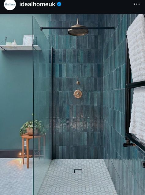 Blue Master Shower Tile, Bathroom Suite Ideas, Black Blue Bathroom, Blue Tiled Bathroom, Blue Tile Bathroom, Blue Bathroom Ideas, Blue Shower Tile, Dark Blue Tile, Boutique Bathroom