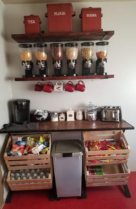 Breakfast Bar Organization, Break Room Snack Station, Smoothie Bar Home, Cereal Cupboard, Breakfast Station Ideas, Bedroom Aestethic, Bedroom Snack Station, Home Movie Theater Snack Bar, Cereal Bar Ideas