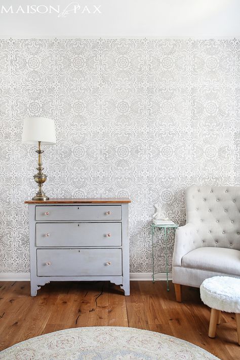 gray and white stencil nursery White Stencil Wall, Lace Wall Stencil, Lace Stencil, Nursery Accents, Accent Wall Stencil, Nursery Accent Wall, Stencil Wall, Shabby Chic Nursery, Chic Nursery