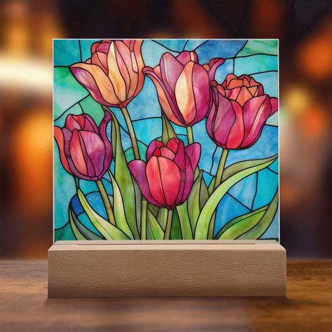 Kids Room Paint, Glass Paintings, Acrylic Plaque, Acrylic Plaques, Faux Stained Glass, Pink Tulips, Stained Glass Mosaic, Valentines Gifts For Her, Stain Glass