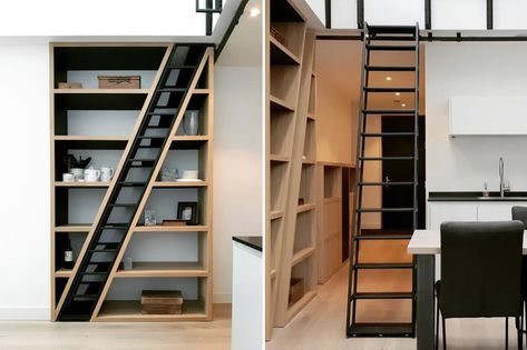 This bookshelf designed for a tiny home hides a sleek staircase. Watch the video! | Yanko Design Secret Staircase, Tiny House Stairs, Loft Stairs, Loft Ladder, Pale Wood, Bookshelf Design, Modular Shelving, House Stairs, Yanko Design