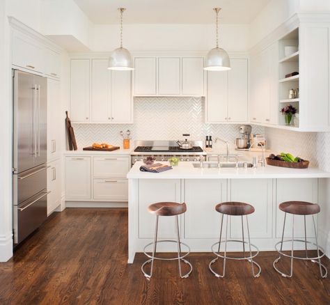 Jute, Noe Valley Kitchen Remodel | Remodelista Long Narrow Kitchen, Kitchen Peninsula, Narrow Kitchen, Kabinet Dapur, Herringbone Backsplash, Kitchen Glass, U Shaped Kitchen, All White Kitchen, Kitchen Designs Layout