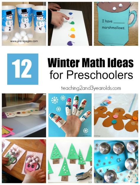 12 winter math activities for preschoolers that are perfect for your winter theme! #winter #math #preschool Winter Math Games Preschool, Winter Math Activities For Kindergarten, Snowflake Math Preschool, Winter Centers For Preschool, Winter Maths Eyfs, January Math Activities For Preschool, Winter Cognitive Activities Preschool, Math Activity For Preschoolers, Winter Counting Activities Preschool