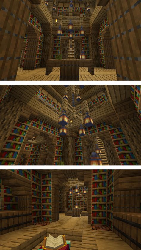 Underground Minecraft Library, Minecraft Interior Design Library, Mini Library Minecraft, Minecraft Large Library, Minecraft Underground Enchanting Room, Library Design Minecraft, Underground Builds Minecraft, Minecraft Library Enchanting Room, Minecraft Trophy Room Ideas