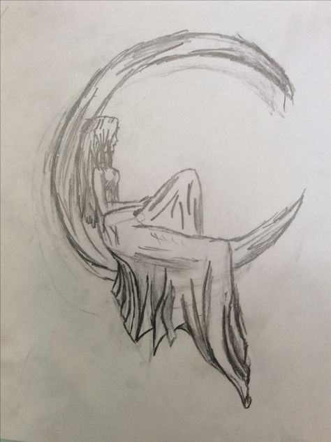 Anime Moon Drawing, Man Sitting On The Moon Tattoo, Easy Drawings Mermaid, Cool Moon Drawings, Sitting On The Moon Drawing, Moon Sketch Aesthetic, Sitting On Moon Tattoo, Moon Girl Art, Drawing Of The Moon