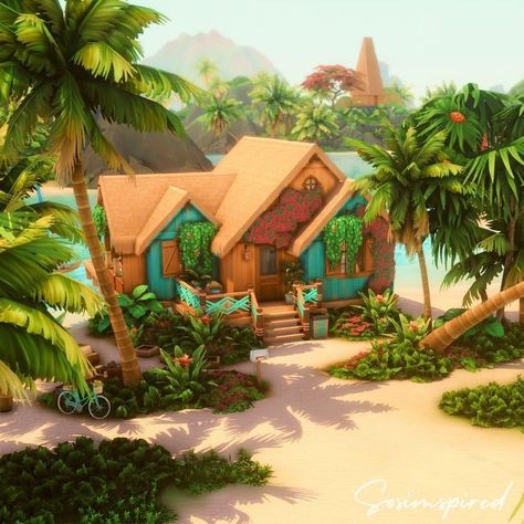 Sims 4 Island Living House Ideas, Tropical Island House Exterior, Island Home Sims 4, Sims 4 Tiny Beach House, Sims Tropical House, Sims 4 Sulani House Ideas, Tropical House Sims 4, Sims 4 Beach Shack, Sims 4 Island Living House Plan