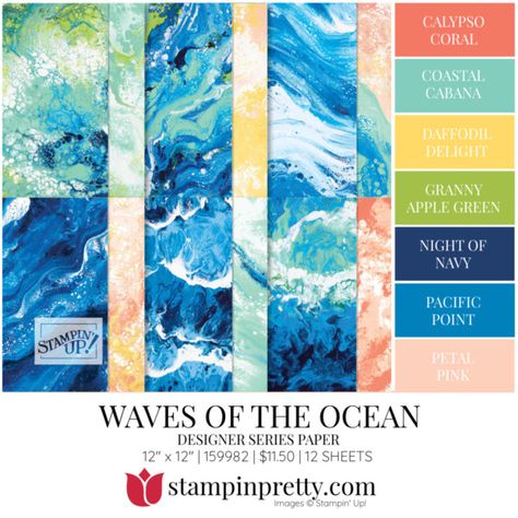 WAVES OF THE OCEAN DSP Coordinating Colors 159982 Stampin\' Pretty Mary Fish Shop Online 24-7 Waves Of The Ocean Dsp Stampin Up Cards, Pretty Sketchbook, Stampin Up Dsp, Love Sketches, Craft Paper Storage, Waves Of The Ocean, Fish Shop, Ocean Collection, Mary Fish