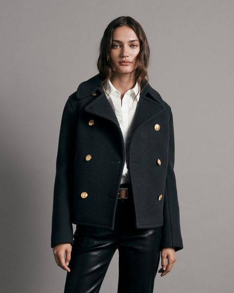 Women's Rag & Bone Alfie Wool Peacoat - Blue - Long coats Timeless. Authentic. Iconic. One of the building blocks of a perfect wardrobe. A heritage inspired peacoat in a truly classic cut. This navy double breasted style with gold buttons is a timeless jacket that will stay with you for seasons to come. Crafted from double face wool and with a detachable faux Sherpa collar. Classic fit. Size Small: Front length 24 1/4", back length 23 1/4", chest 40 1/2", sleeve length 32 3/4". Model is 5'9" wea Timeless Jacket, Bone Clothing, Pea Coats Women, Navy Coat, Fitted Coat, Wool Peacoat, Style Fall, Perfect Wardrobe, Double Breasted Coat