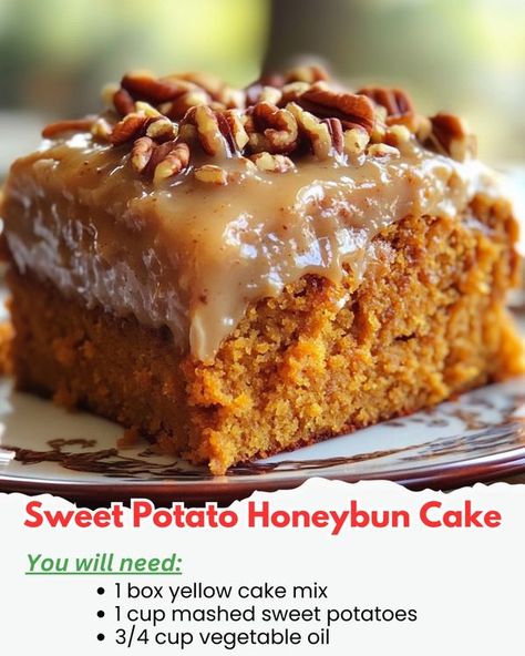 Sweet Potato Cake With Maple Pecan Glaze, Sweet Potato Honey Bun Cake Recipe, Sweet Potato Honey Bun Cake, Sweet Potato Bundt Cake Recipe, Honeybun Cake, Cinnamon Bun Cake, Sweet Potato Cake Recipe, Easy Bundt Cake Recipes, Honey Bun Cake