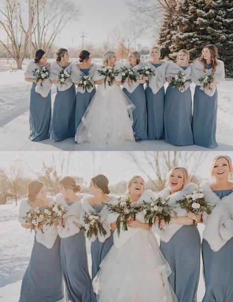 Winter Wedding Brides Dresses, Winter Wedding Bridesmaids Dresses, Winter Wedding Arch, Winter Wedding Fur, Winter Wedding Bridesmaids, Fur Shawl Wedding, Blue Winter Wedding, Winter Bridesmaids, Winter Dream