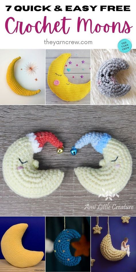 7 Quick & Easy Free Moon Crochet Patterns. Quick & Easy Free Moon Crochet Patterns curated by The Yarn Crew. Moon Phase Crochet Pattern Free, Half Moon Crochet Pattern, Space Crochet Pattern Free, Crescent Moon Crochet, Galaxy Crochet, Moon Crochet Pattern, Crochet Patterns Quick, Crochet Heart Coaster, Space Crochet