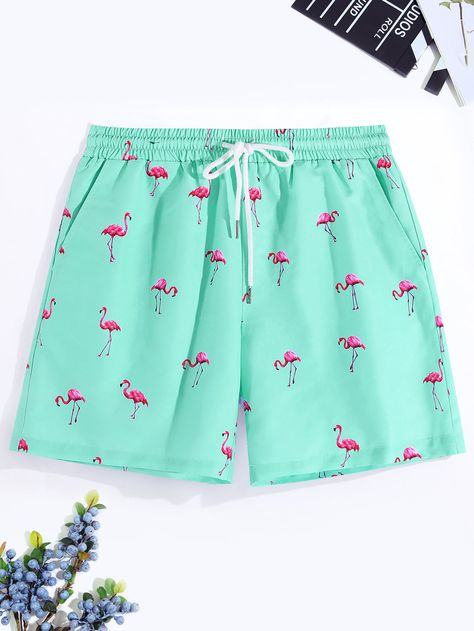 Mint Green Boho Collar  Fabric Flamingo,Random Print Bottoms Embellished Non-Stretch  Men Swimwear Flamingo Swim Trunks, Pool Outfits, Men Swimwear, Boho Fabric, Boho Green, Estilo Hip Hop, Flamingo Print, Men Beach, Mode Masculine