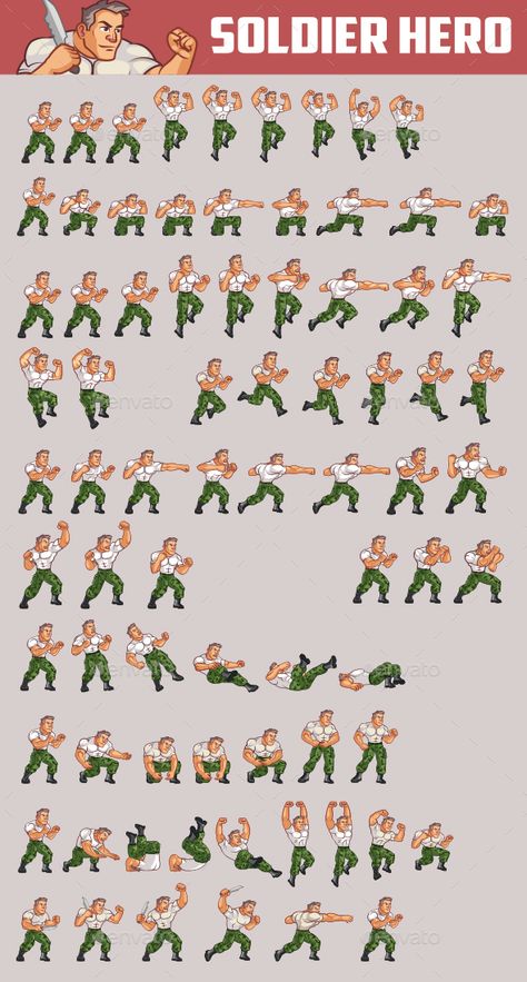 SOLDIER HERO character sprite sheet is designed for side scrolling action adventure hack & slash 2D mobile game. The actions are r Punching Animation Frames, Punch Animation Frames, Punching Animation, Pixel Art Sprite Sheet, Sprite Sheet Character, Punch Animation, 2d Mobile Game, Character Sprite Sheet, Animation Sprite