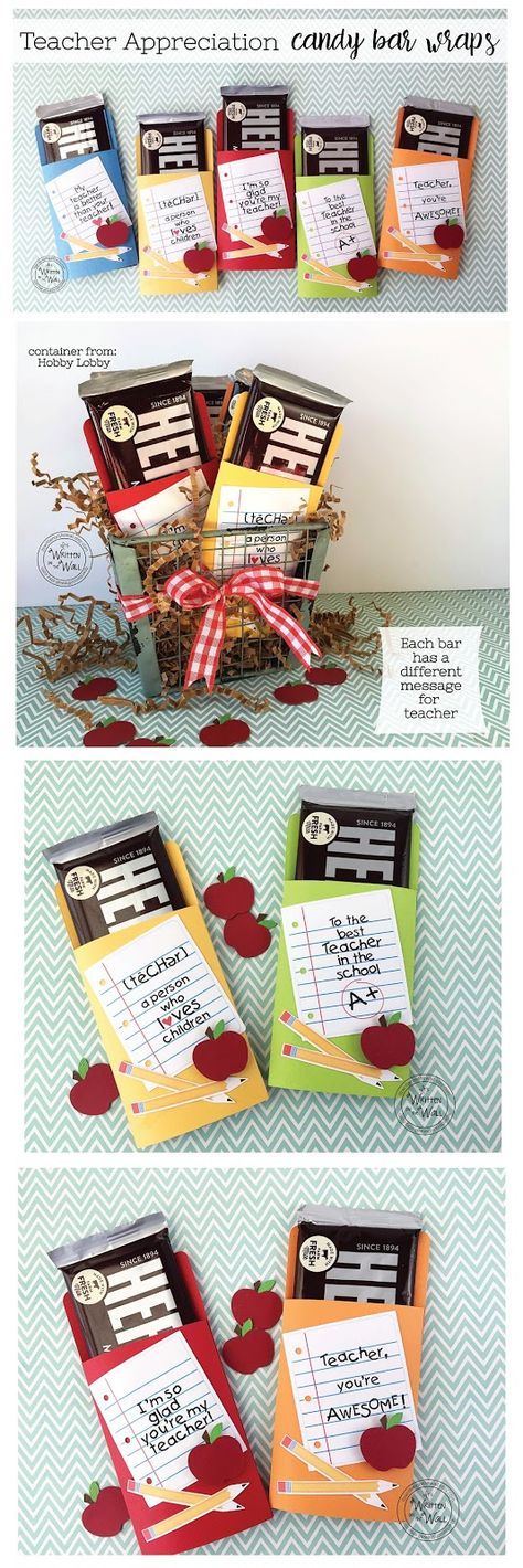 Sweets for the Teacher-Hershey Chocolate Bars all wrapped up in 5 different colors and 5 messages. Teacher Appreciation Gifts Teacher Appreciation Diy, Thanks Teacher, Student Teacher Gifts, Teachers Diy, Staff Gifts, Teachers Day Gifts, Diy Teacher Gifts, Staff Appreciation, Super Gifts