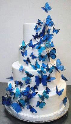 Blue Butterfly Wedding Cake.....   Like Cinderella's Shoes and dress! Royal Blue Wedding Cakes, Butterfly Wedding Cake, Quince Cakes, Quince Cake, Butterfly Birthday Cakes, Wedding Cakes Elegant, Quinceanera Cakes, Quince Decorations, Sweet 16 Cakes