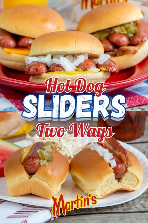 Grilling hot dogs? Switch it up and make hot dog sliders! Version 1: Butterfly the hot dog, grill and cut in half, place on Martin’s Slider Potato Rolls, then add your toppings! Version 2: Grill the hot dog, cut in half, top slice Martin’s Sweet Dinner Rolls, then place the hot dog on top! Hot Dog Sliders, Hot Dog Slaw Recipe, Broiled Hot Dogs, Hot Dog Grill, Patty Melt Recipe, Party Food Bars, Making Hot Dogs, Sweet Dinner Rolls, Grilling Hot Dogs