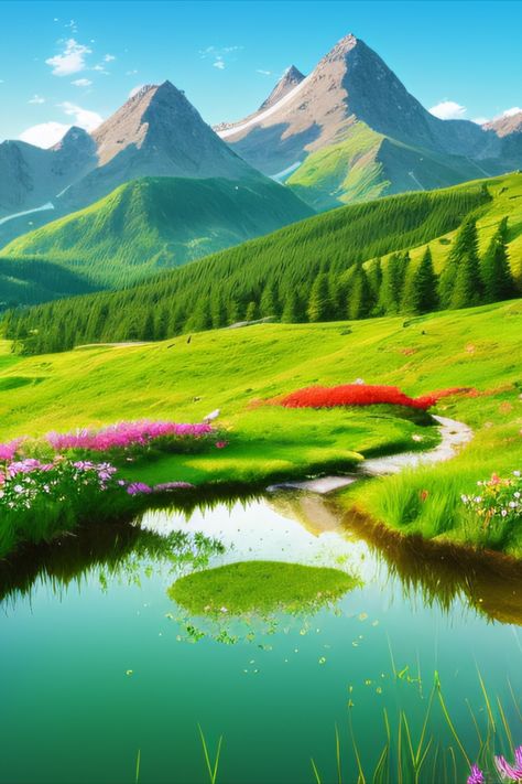 with flower pond and grass hills. original wide format image and gallery in the link. Gray Mountain, Beautiful Flowers Photos, Mountain Peak, Note Book, Rolling Hills, Ponds, Country Life, Landscape Art, Painting Ideas