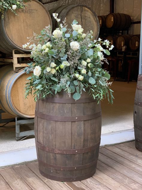 Wedding Wine Barrel Wiskey Barrell Ideas Flowers Wedding, Wedding Wine Barrel, Wedding Barrel, Entrance Flowers, Altar Pieces, Red Flower Arrangements, Wine Barrel Wedding, Barrel Flowers, Alter Flowers