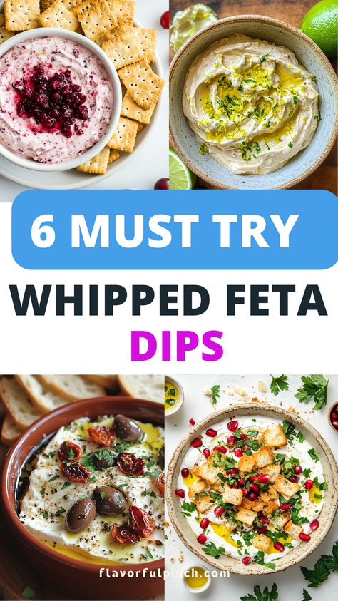 Try 6 easy and quick whipped feta dip recipes, perfect for any occasion! Enjoy rich, creamy feta with unique flavors like roasted garlic and herb, honey-drizzled,  cranberries, sweet-tart pomegranate, and classic Greek-Mediterranean ingredients. These feta dips add a delicious touch to gatherings and are ideal for holiday spreads, fall appetizers. Perfect for a crowd! Save the recipe and enjoy this flavorful autumn appetizer! Whipped Feta Appetizer Recipes, Appetizer Recipes Whipped Feta, Feta Bread Dip, Feta And Greek Yogurt Dip, Greek Whipped Feta Dip, Feta And Cream Cheese Dip, Feta Cheese Dips, Spicy Feta Dip Recipes, Taziki's Whipped Feta Recipe