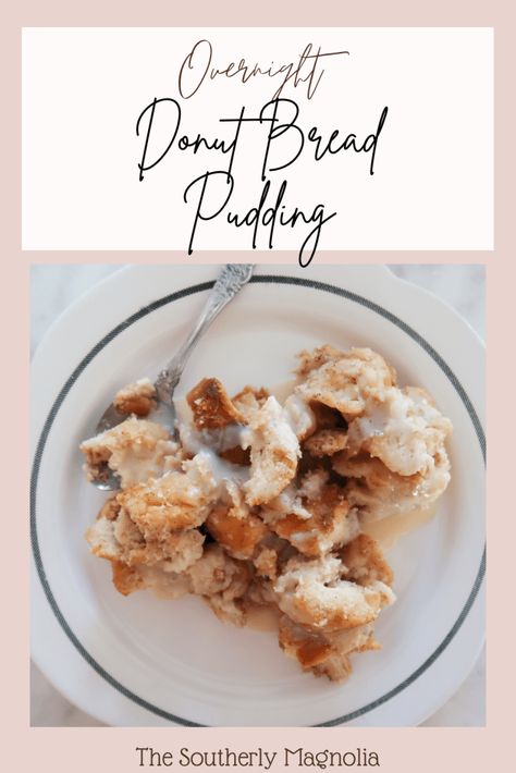 Glazed Donut Bread Pudding, White Chocolate Bread, Donut Bread Pudding, Chocolate Glaze Recipes, White Chocolate Glaze, White Chocolate Bread Pudding, Donut Bread, Family Friendly Breakfast, Overnight Recipes