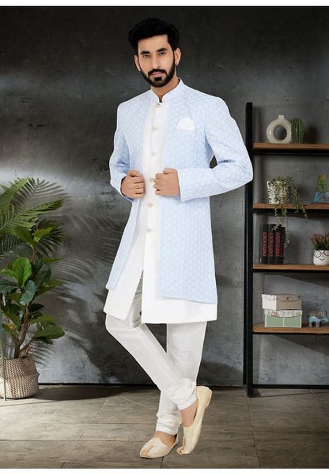 Sky Blue and White Designer Indo Western Outfit Blue Indo Western Men, Indo Western Men, Indo Western Outfit, Western Fabric, Western Men, Dress Suits For Men, Western Outfit, Dupion Silk, Fashion Suits For Men