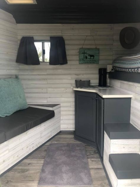 Horse Trailer Interior Remodel, Horse Trailer Organization, Converted Horse Trailer, Enclosed Trailer Camper, Horse Trailer Living Quarters, Stock Trailer, Camper Interior Design, Cargo Trailer Camper, Western Bedroom Decor