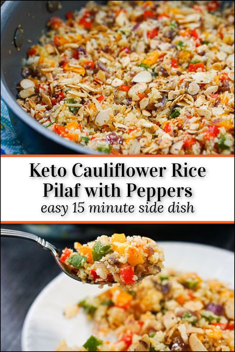 white dish with cauliflower rice pilaf and text Vegetarian Cauliflower Rice Recipes, Peppers Side Dish, Cauliflower Rice Recipes Healthy, Cauliflower Rice Pilaf, Keto Cauliflower Rice, Best Cauliflower Recipe, Cauliflower Recipes Healthy, Sleeve Recipes, Bariatric Sleeve