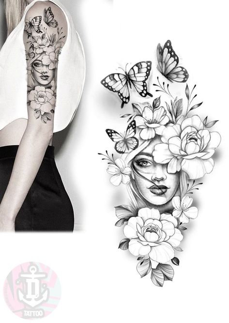 Womens Face With Flowers Tattoo, Woman’s Face Tattoo Design, Face And Flowers Tattoo, Face Flowers Tattoo, Half Butterfly Half Rose Tattoo, Women Face Tattoo Design, Face Flower Tattoo, Woman Butterfly Tattoo, Face With Flowers Tattoo