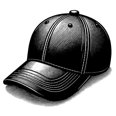 Black and white illustration of a single baseball cap Draw Baseball Cap, Retro Black Baseball Cap, Baseball Cap Illustration, Retro Black Baseball Cap One Size, Vintage Black Baseball Cap, Heart Tree, Cityscape Photos, Black And White Illustration, Heart With Arrow