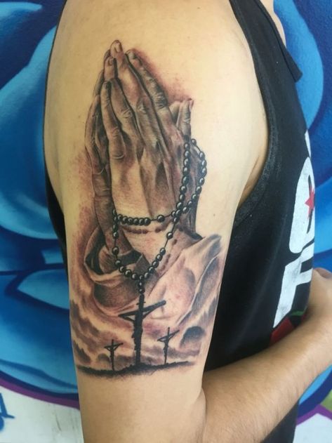 Rosary Ankle Tattoos, Rosary Tattoo On Hand, Praying Hands With Rosary, Religous Tattoo, Rosary Bead Tattoo, Praying Hands Tattoo, Rosary Tattoo, Hands Tattoo, Heaven Tattoos