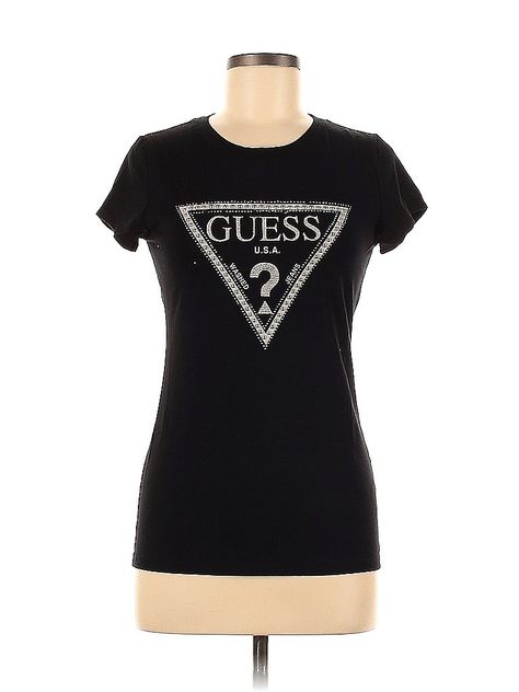 Guess Short Sleeve T Shirt Size: Medium Tops - used. 5% Spandex, 95% Cotton, Graphic | Guess Short Sleeve T-Shirt: Black Graphic Tops - Size Medium Guess Shirt, Graphic Tops, Short Sleeve T Shirt, Black Shorts, Little Black Dress, Women Handbags, Spandex, Size Medium, T Shirt