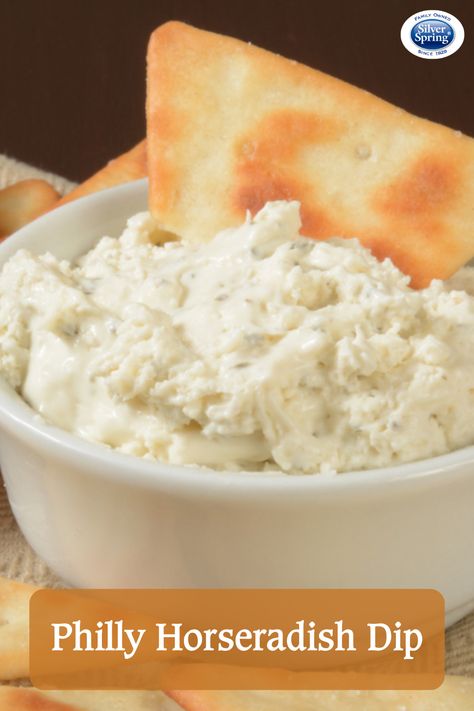 The perfect pairing with Football Sunday: Dip! Give this Philly Horseradish Dip a try at the next viewing party. All you need is cream cheese, sour cream, Silver Spring Foods Fresh Ground Horseradish, onion, parsley, and lemon juice for a tasty appetizer. #tailgate #footballsunday #dip #viewingparty #easyrecipes #horseradish #GiveItZing Cream Cheese Horseradish Dip, Horseradish Pretzel Dip, Horseradish Dip For Chips, Meals With Horseradish, Horseradish Cheese Spread, Horseradish Cheese Ball, Bacon Horseradish Dip Recipe, Horseradish Dip, Cream Cheese Spread Recipes