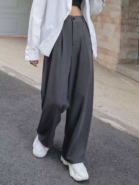 Dark Grey    Polyester Plain   Non-Stretch All Women Suits Grey Pants Women Outfit, Grey Palazzo Pants Outfit, How To Style Grey Trousers, Grey Pleated Pants Outfit, Dark Grey Outfits For Women, Tailored Dress Classy, Grey Pant Outfits, Dress Pants Aesthetic, Grey Clothes Aesthetic