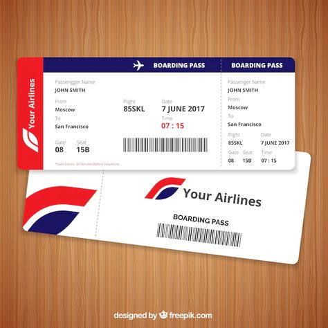 Free Vector | Realistic boarding pass with blue and red details Boarding Pass Template, Airplane Vector, Ticket Card, Computer Service, Ticket Design, Airplane Tickets, Flat Icons Set, Red Details, Ticket Template