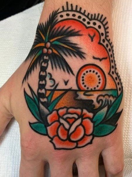 30 Incredible American Traditional Tattoo Designs - The Trend Spotter Palm Tree Tattoo American Traditional, Old School Palm Tree Tattoo, Palm Tree Hand Tattoo, Traditional Beach Tattoo, Classic Tattoo For Women, Traditional Tree Tattoo, Traditional Palm Tree Tattoo, Tenerife Tattoo, Classic American Tattoos