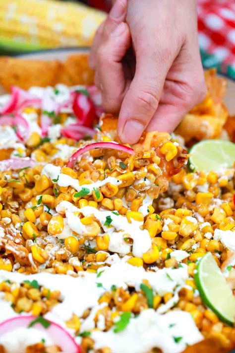 scooping mexican street corn nachos Corn Nachos Recipe, Street Corn Nachos, Corn Nachos, Deviled Egg Potato Salad, Homemade Salsa Recipe, Savory Meals, Chipotle Sauce, Mexican Street Corn, Recipe Sweet