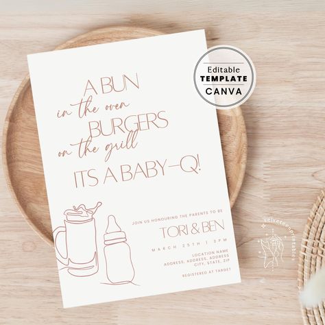 | BUN IN THE OVEN BURGERS ON THE GRILL Invitation Template - Gender Neutral  CO-ED Couples BACKYARD BABY-Q Party Invite | Printable DIY Baby Shower Invitation. This listing is for an INSTANT DOWNLOAD file that you will EDIT YOURSELF in your web browser using Canva. NO PHYSICAL PRODUCT will be shipped!  NOTE: The editing website is only accessible from a desktop/laptop computer. Depending on your device you may NOT be able edit on your phone or tablet Canva allows you to easily customise and prin Coed Baby Shower Themes, Coed Baby Shower Ideas, Oven Burgers, Baby Q Invitations, Gray Room, Diaper Party, Bump Ahead, Pregnancy Pictures, Garden Baby Showers