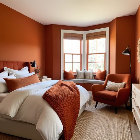 Burnt Orange Bedroom Ideas, Plum Comforter, Plum Curtains, Orange Painted Walls, Burnt Orange Paint, Orange Bedroom Ideas, Burnt Orange Bedroom, Burnt Orange Pillows, Orange Bedroom