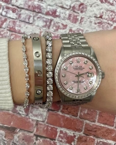 Pink Diamond Rolex, Pink Face Rolex Watch, Watch Layered With Bracelets, Pink Rolex Watch Diamonds, Pink Rolex Watch, Watch And Bracelet Stack, Watch Bracelet Stack, Rolex Pink, Watches Pink