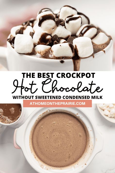 The best crockpot hot chocolate without sweetened condensed milk. This cocoa recipe is so easy to throw together and keep warm in the slow cooker for your next party or special occasion! Best Crockpot Hot Chocolate, Hot Cocoa Crockpot Recipe, Peppermint Marshmallows Recipe, Easy Hot Cocoa Recipe, Homemade Hot Chocolate Crockpot, Crockpot Hot Chocolate Recipe, Slow Cooker Hot Chocolate Recipe, Crockpot Hot Chocolate, Best Crockpot