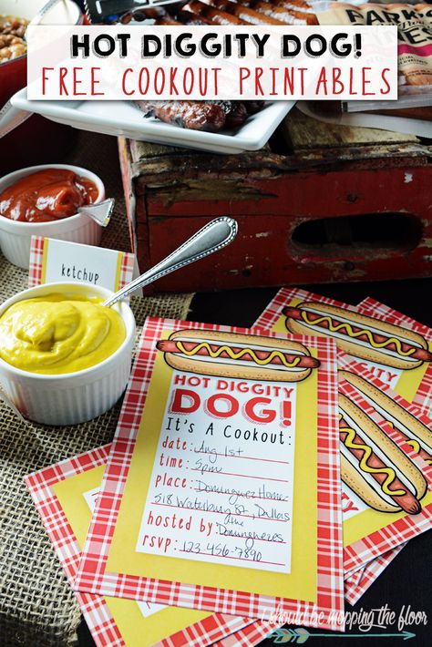 Hot Diggity Dog! Free Cookout Printables | Invitations and Menu Cards #finestgrillathon #ad Hot Dog Bar Menu, Hot Dog Party, Concrete Cleaner, Cookout Party, Mopping The Floor, Hot Diggity Dog, Hot Dog Bar, Colorful Birthday Party, Printable Menu