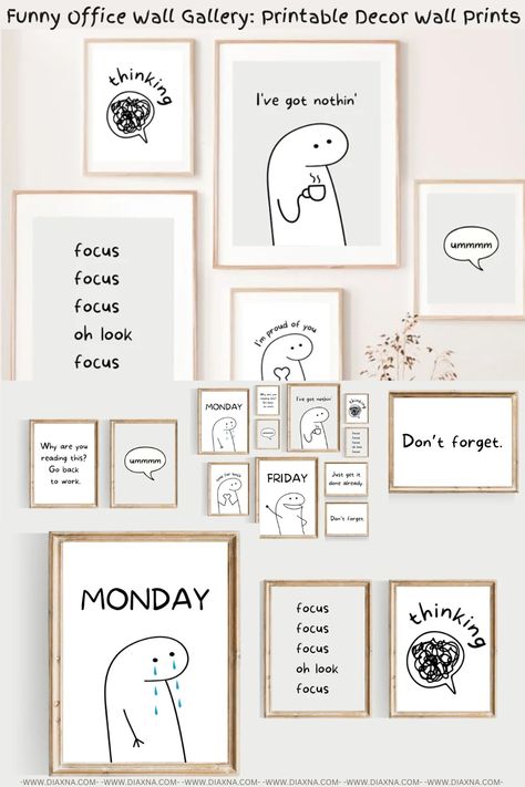 Funny Office Wall Gallery by Wallamuro: Printable Office Art, Humorous Prints & Home Office Decor! Work Office Wall Decor Professional, Office Wall Decor Professional, Office Decor Aesthetic, Funny Home Office Quotes, Doodles For Office Wall, Funny Office Wall Art, Work Office Wall Decor, Funny Quotes For Office Wall, Framed Quotes On Wall Funny