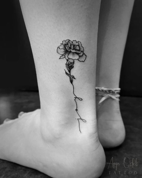 Joy. Taking a memory of our country back to USA. . Tattooed by me. . #carnation #carnationtattoo #legtattoo #linework #flowertattoo… Carnation Geometric Tattoo, Birthday Bible Verse, Name Flower Tattoo, Carnation Flower Tattoo, Marigold Tattoo, Carnation Tattoo, Birth Flower Tattoos, Memorial Tattoos, Dainty Tattoos