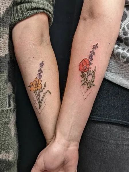 Bestie Tattoos: 25 Unique Ideas to Celebrate Friendship Best Friend Tattoos Color, Matching Nature Tattoos Best Friends, Colorful Matching Tattoos, Nature Matching Tattoos, Complimentary Tattoos Friends, Matching Nature Tattoos, Meaningful Best Friend Tattoos, Different Types Of Tattoos, Unique Friendship Tattoos