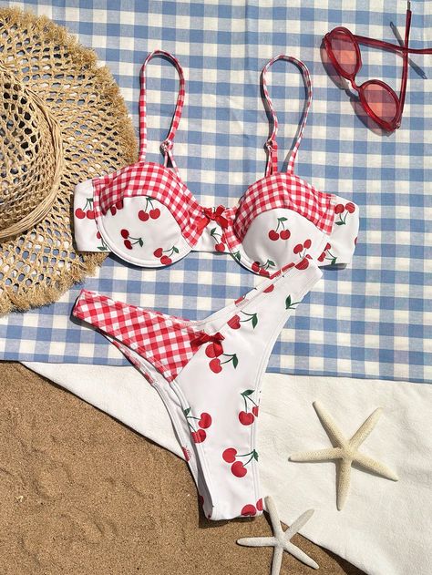 Women's Sweet Cherry Pattern Patchwork Bikini Set For Beach, Picnic, Vacation Red and White Cute    Christmas,Gingham,Plaid,Fruit&Vegetable  Medium Stretch  Women Clothing, size features are:Bust: ,Length: ,Sleeve Length: Women Vacation, Summer Bathing Suits, Elegante Y Chic, Summer Closet, Cherry Print, Swimsuit Set, Print Swimsuit, Swim Wear, Beachwear For Women