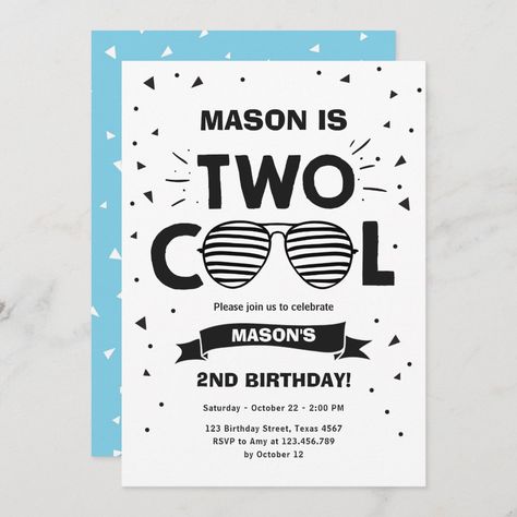 Two Cool Sunglasses Boy Second Birthday Party Invitation Two Cool Birthday Party Boy, Two Cool Birthday Party, Boy Second Birthday, Two Cool Birthday, Second Birthday Boys, Birthday Sunglasses, Second Birthday Party, 2nd Birthday Boys, Two Cool