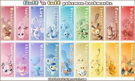 Pokemon Bookmarks by Fluffntuff on DeviantArt Marque Page Pokemon, Pokemon Bookmark, Disney Bookmarks, Pokemon Printables, Bowling Cake, Deviantart Pokemon, Vintage Bookmarks, Pokemon Dolls, Pokemon Theme