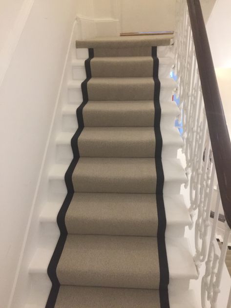 Carpet Runner With Black Binding Installed In Clerkenwell: http://bit.ly/2Pk7Gv7  #carpet #stairs #interiordesign #realestate Grey Painted Stairs, Grey Carpet Runner, Gray Stair Runner, Black And White Stairs, Striped Stair Runner, Stairs Carpet, Gray Stairs, Carpet Staircase, Stair Ideas