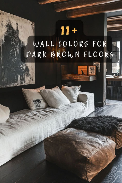 Take your space to the next level with these 11 wall color ideas for dark brown floors! From soft neutrals to bold contrasts, create a look that’s stylish and cohesive. 🤎✨ #WallColorsForBrownFloors #HomeDesignInspo #DarkBrownFloorIdeas #ChicAndTimeless #InteriorDesignTrends #ElegantSpaces #HomeDecorGoals Dark Floor Basement, Rooms With Black Floors, Basement Dark Floors, Dark Floors Living Room, Accent Wall Colors Living Room, Dark Room Colors, Modern Wall Colors, Dark Basement Ideas, Brown Hardwood Floors